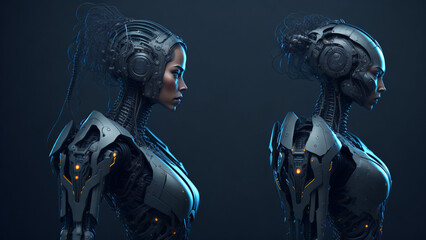 Fototapeta premium 3D rendering of two female cyborgs on a dark background.