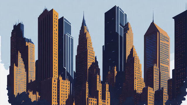 A watercolor contemporary cityscape of New York City buildings.