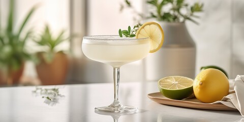 AI Generated. AI Generative. Summer vacation party traditiona; classic cocktail. Margarita in glass with ice cubes. Graphic Art