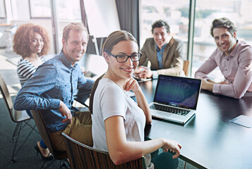 Meeting, boardroom and portrait of business development team happy for success in a tech agency or...