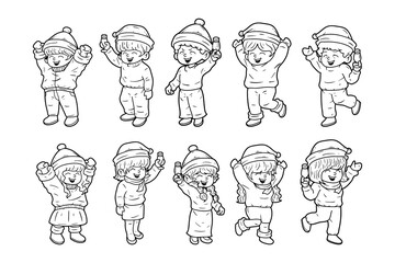 Set of people celebrating christmas character outline sketch hand drawn illustration