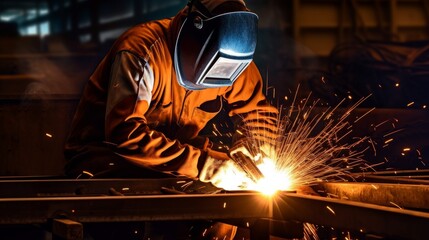 A welder is working on welding metal and sparks