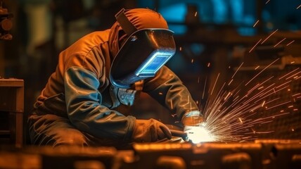 A welder is working on welding metal and sparks