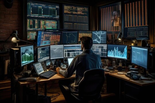 Stock trader in front of multiple computer screens