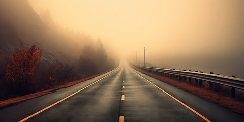 Minimalistic misty empty road. Foggy highway. Mystery travel concept. Generative AI