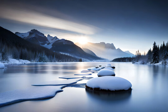 Frozen landscape of an ice lake in winter with mountain peaks covered in sub-zero cold snow in the background during Artic freezing temperatures, computer Generative AI stock illustration image