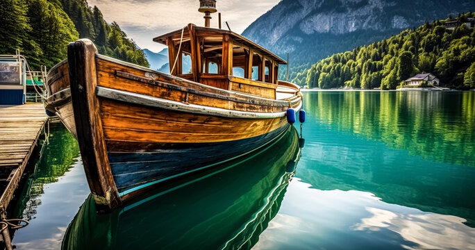 wooden boat on a mooring mountain lake. Wooden boat parked next to a old wooden dock with mountains on background. Reflection of the forest in the green water. digital ai	