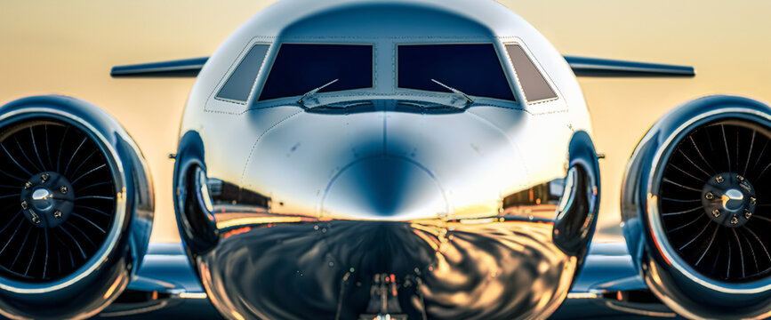 Blurred Airplane before takeoff from the airport at sunset, front view. 737 aircraft sat on the tarmac apron ramp