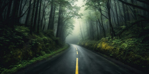 Naklejka premium Minimalistic empty highway in the forest. Road surrounded with trees. Travel concept. Generative AI