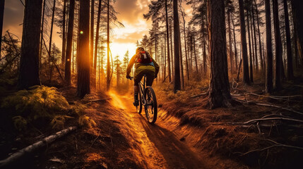 Mountain biker riding on bike in spring inspirational forest landscape. Man cycling on enduro trail track. Generative AI - obrazy, fototapety, plakaty