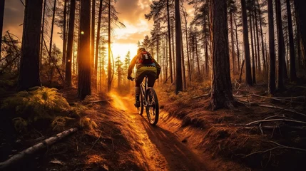 Foto op Plexiglas Mountain biker riding on bike in spring inspirational forest landscape. Man cycling on enduro trail track. Generative AI © AngrySun