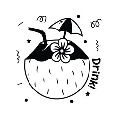 Well designed hand drawn icon of coconut water in trendy style, summer beverage