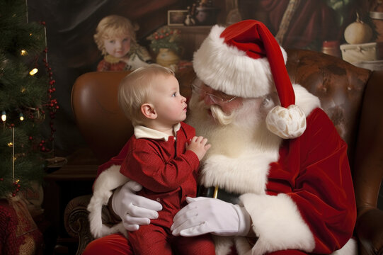 Santa Claus and Child in Rustic Christmas Setting - Photo Art Created with Generative AI and Other Techniques