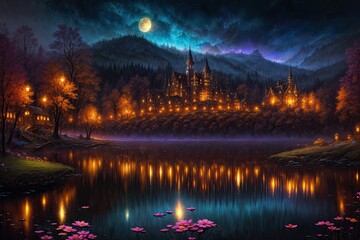 Fototapeta na wymiar Noche Fantástica: Castillo Misterioso Iluminado con un Resplandor Seductor, el Cielo Anunciando un Acontecimiento - Generative AI 6