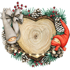 watercolor hand drawn wooden heart slice with elves, pinecones and pine branches
