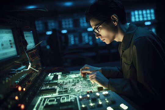 Technician working on a complex array of electronic components. Generative AI
