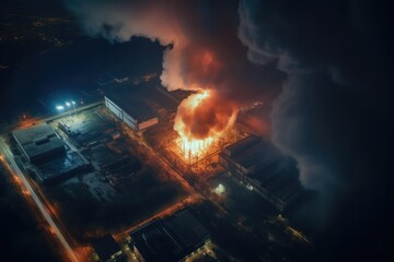 Aerial view of Big explosion and fire on power plant. Generative AI