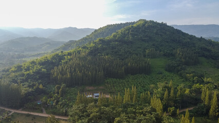 Fototapeta premium Idyllic landscape of mountains filled with green forests, grassy field and rolling hills.