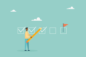 Keep track of target work. Checklist of progress. check work. The guy makes a mark with a pencil. Vector flat style illustration.
