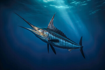 Obraz premium Swordfish gracefully swims beneath the ocean surface. Generative AI