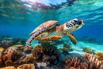 Naklejka na ściany i meble Hawksbill sea turtle gracefully navigates the tropical underwater world. Vibrant shell and gentle demeanor. Generative AI