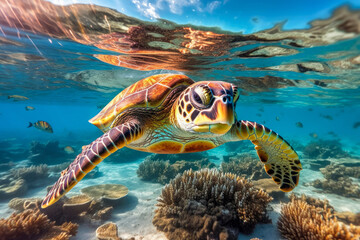 Fototapeta na wymiar Hawksbill sea turtle gracefully swimming above a coral reef. The harmonious blend of the turtle's majestic presence and the kaleidoscope of coral formations. Generative AI.