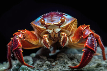 Hermit crab close-up with intricate details of its colorful shell and exoskeleton. Generative AI.