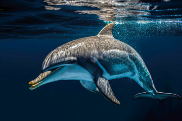 Dolphin gracefully glides through the crystal-clear waters. Intelligent marine creature in its natural habitat. Generative AI
