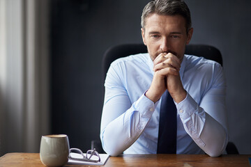 Man in office, stress and business fail with trader at desk worried and anxiety about stock market...