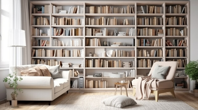 Scandinavian Bookshelf Next to an Armchair in a Cozy Modern Interior, Generative AI