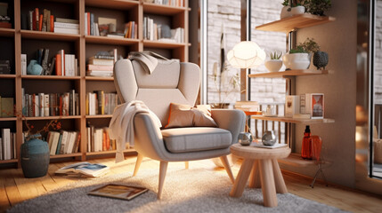 Obraz na płótnie Canvas Scandinavian Bookshelf Next to an Armchair in a Cozy Modern Interior, Generative AI