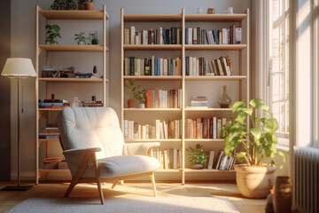 Fototapeta premium Scandinavian Bookshelf Next to an Armchair in a Cozy Modern Interior, Generative AI