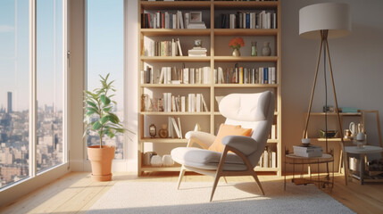 Fototapeta na wymiar Scandinavian Bookshelf Next to an Armchair in a Cozy Modern Interior, Generative AI
