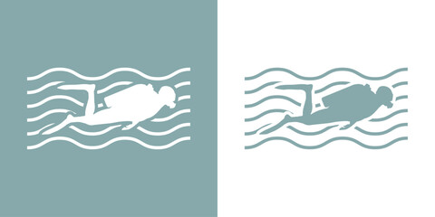 Logo club de submarinismo. Silueta submarinista con olas de mar