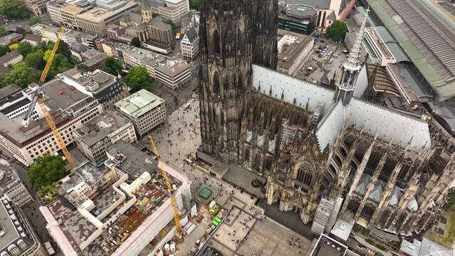 Aerial drone panorama video footage Famous Cologne Cathedral symbol of the city of Cologne. K&ouml;lner Dom. Hohe Domkirche St. Peter und Maria