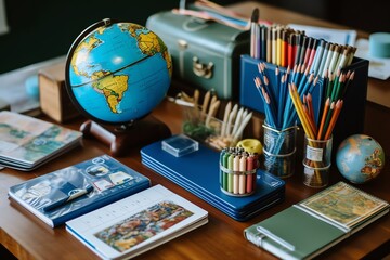 Back to school concept, backpack, books, pencils and other stationery on the table