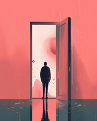A person looking at a closed door tears streaming down their face. Psychology art concept. AI generation