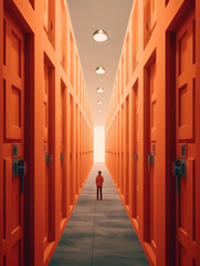 Fototapeta premium A person walking in a hallway full of different doors each representing a mental health issue. Psychology art concept. AI generation