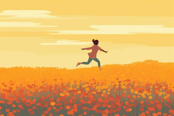 Naklejka na ściany i meble A person running through a field of flowers feeling a sense of liberation and elation. Psychology art concept. AI generation