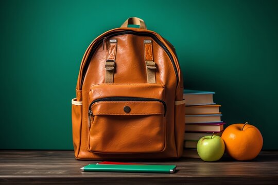 Back to school concept, backpack, books, pencils and other stationery on the table