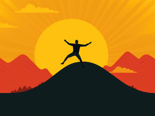 A person running up a hill arms outstretched and a big smile on their face. Psychology art concept. AI generation