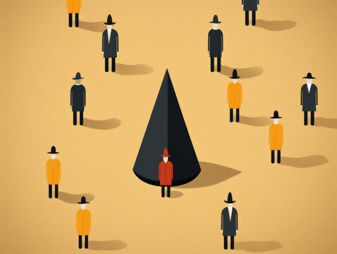 A person with a dunce cap on their head standing in the middle of a circle of people. Psychology art concept. AI generation