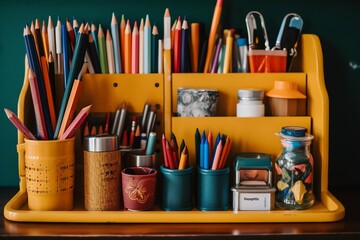 Back to school concept, backpack, books, pencils and other stationery on the table