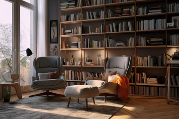 Scandinavian Bookshelf Next to an Armchair in a Cozy Modern Interior, Generative AI