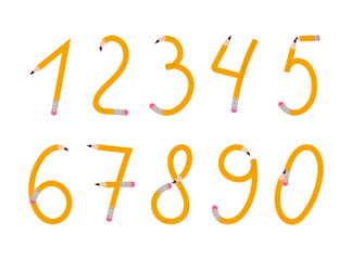 Set of numbers pencil shape font. Doodle number characters, back to school concept. Vector illustration isolated on white background