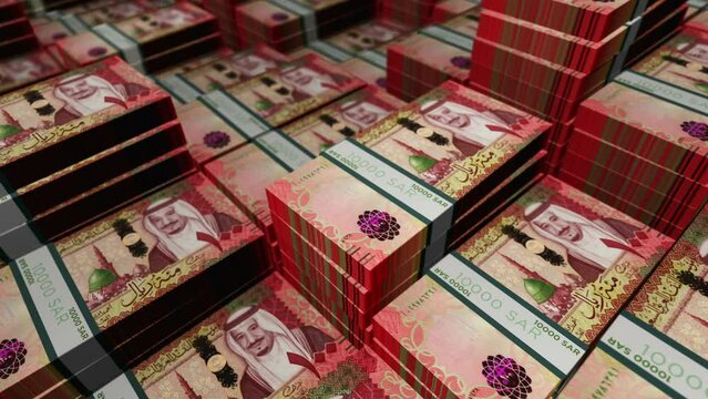 Saudi Arabia Rial 100 SAR banknote pack pile loop. Flying over money stack Saudi Arabia note. 3D Abstract concept of business, economy, finance, crisis and banking. Seamless looped.