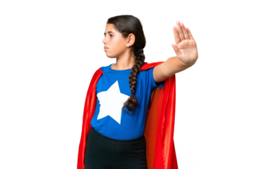 Super Hero girl over isolated chroma key background making stop gesture and disappointed
