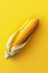 Ear of corn on a yellow background. Corn is used as livestock feed, as human food, as biofuel, and as raw material in industry. Generated by AI