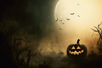 Spooky forest with bats evil glowing eyes of Jack O' Lanterns on a scary halloween night. Atmospheric halloween background to insert text. Generated by AI