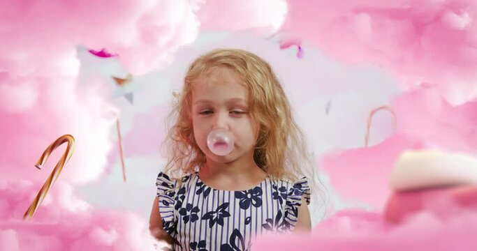 Small girl in vanilla skies  blows chewing gum bubble and it pops in her face. Small girl in pink world chewing bubble gum